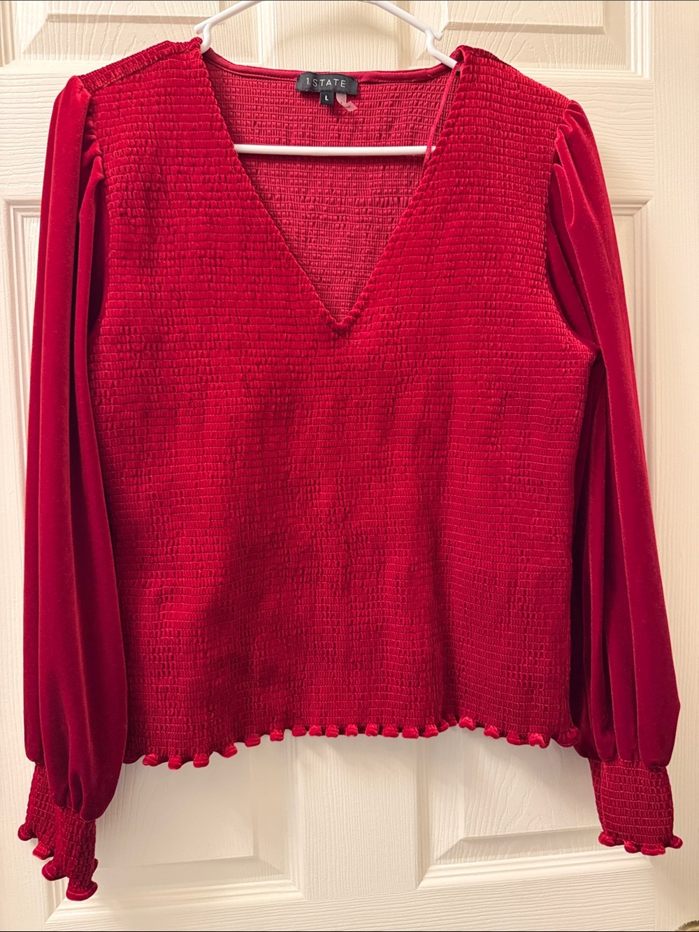 1.STATE Velvet Smocked V-Neck Blouse Long Chiffon Sleeve Red L